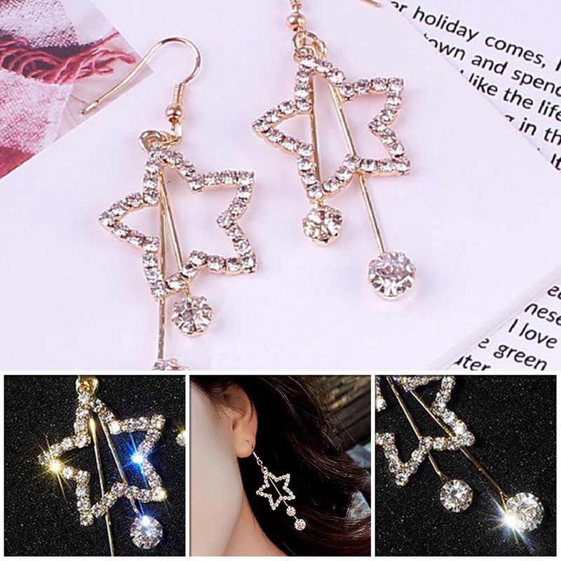 Crystal Long Bright Pentagram Star Tassel Pendant Earrings Usable