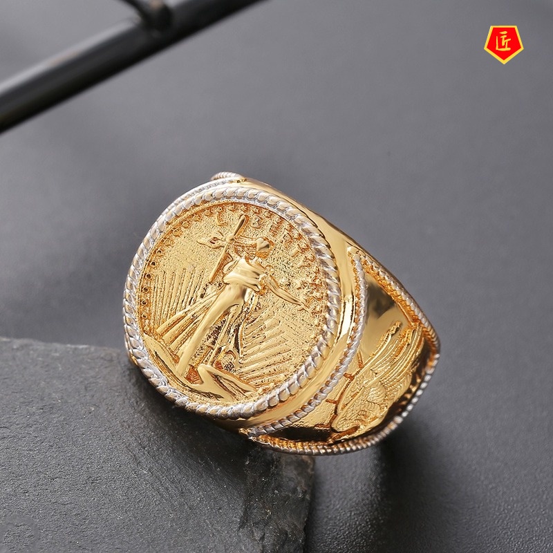 [Ready Stock]Personalized Double Eagle Gold Coin Shape Ring