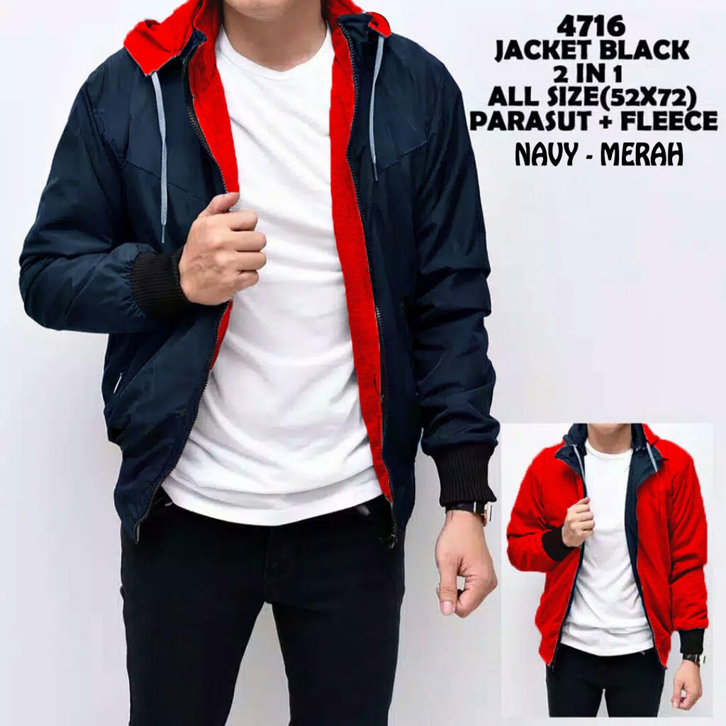 JAKET BOLAK BALIK 2IN1 JAKET MOTOR JAKET BB JAKET PARASUT JAKET PRIA WANITA JAKET DISTRO PRIA WANITA-DC NAVY - MERAH M/L