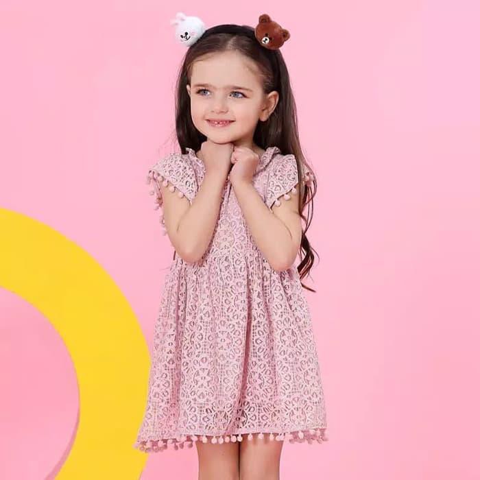 Dress Anak Brukat Lace and Ball Gaun Anak Import Kuning Pink Biru - 100, Mustard Murah