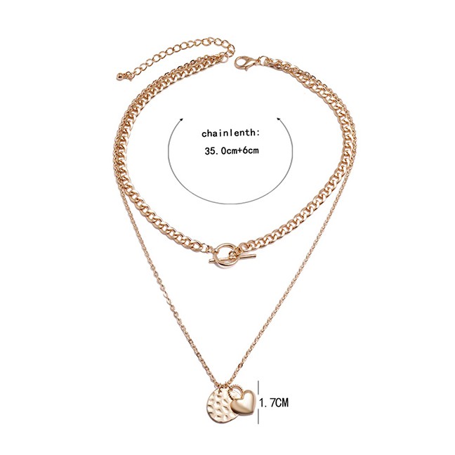 LRC Kalung Fashion Gold Color Heart Disc Alloy Double Layer Necklace Y64926