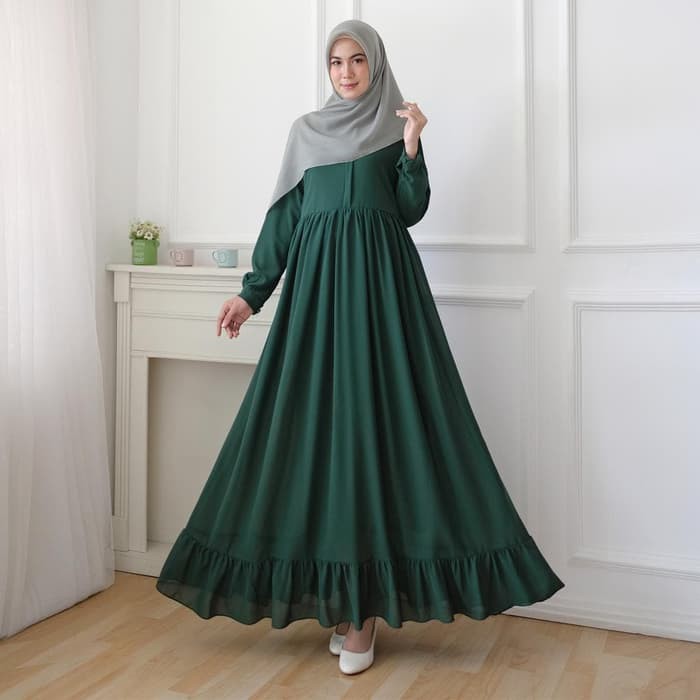 Stelan Baju Muslimah Dan Gamis Syari Mayra Couple Pakaian Muslim CO928  / Ijo Botol / Dress Polos