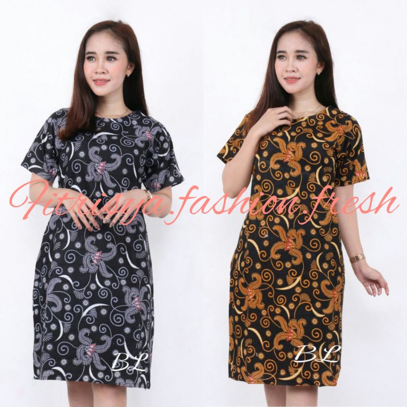 TUNIK DRESS BATIK WANITA JUMBO XXXXL / 4L LENGAN PENDEK MOTIF SALJU ABU EMAS KOMBINASI