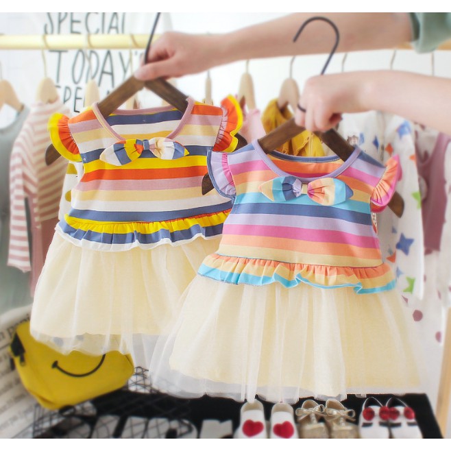 Juragan Junior [COD] Rainbow Baju Dress Tutu Anak Perempuan Lengan Bahan Katun Usia 1-3 Tahun