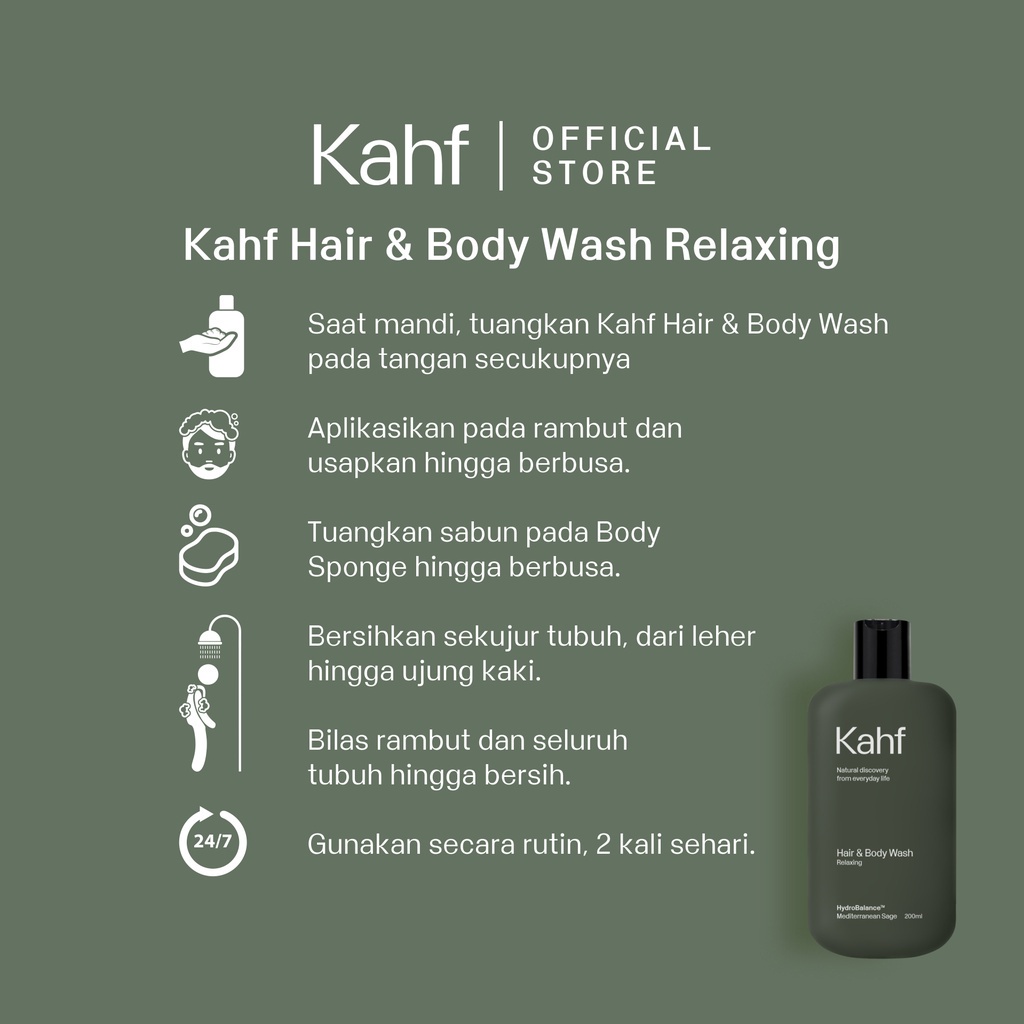 KAHF Relaxing Hair and Body Wash 200 ml biru/hijau sabun mandi khusus pria