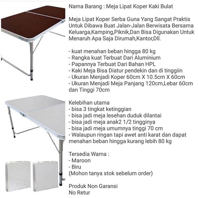 Meja Lipat Portable / Meja Lipat Serbaguna Uk 120cm x 60cm Model Kaki Bulat / kaki petak Meja Lipat Koper ukuran 120x60cm Meja Lipat Portable Kaki Bulat