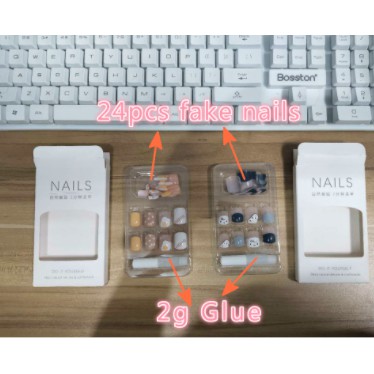 KMN R264-R282 24pcs Kuku Palsu Murah Tahan Air Fashion Nail Art 3D Korea Fake Nails Manicure Free Lem 2gr