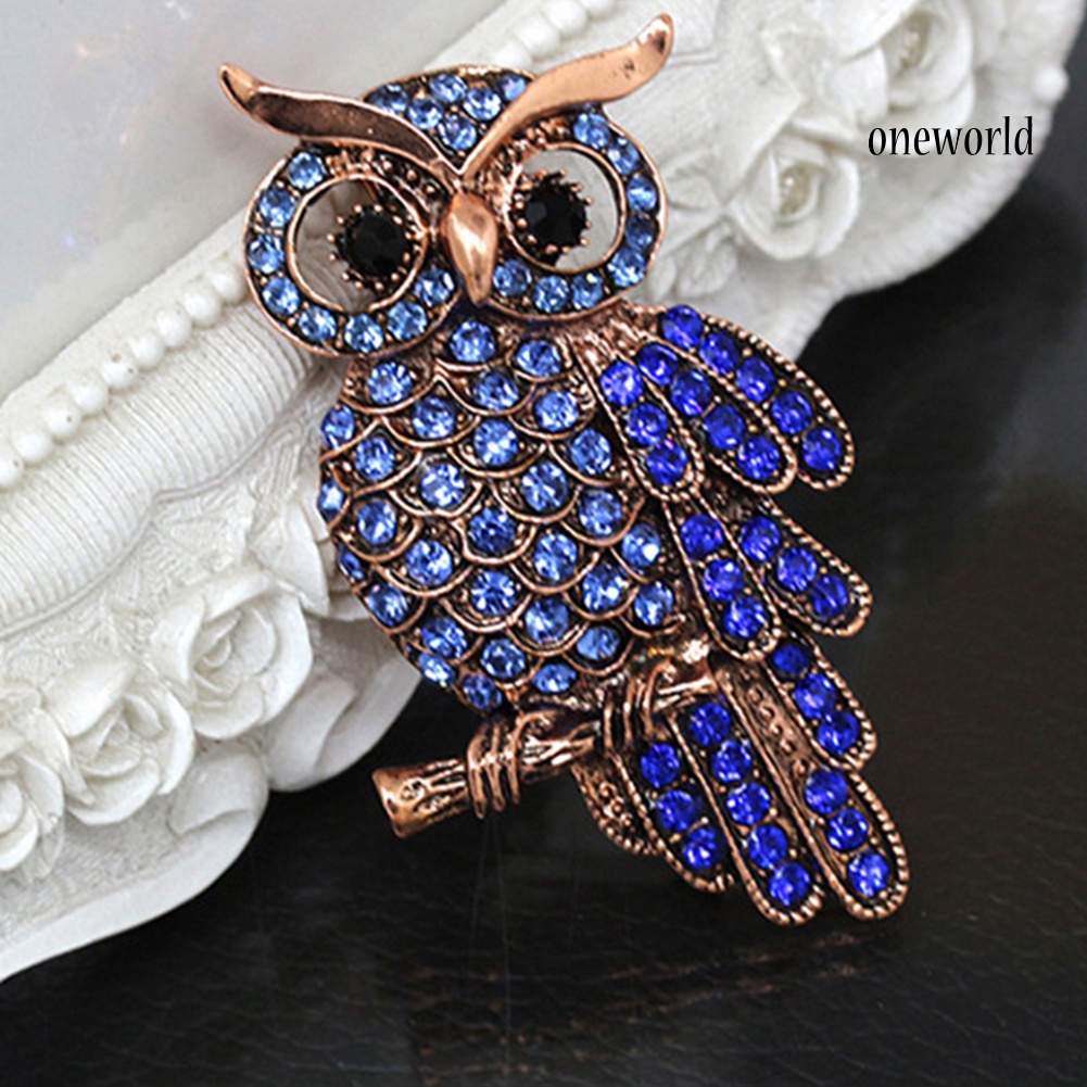 OW@ Unisex Retro Cartoon Owl Inlaid Rhinestone Hollow Brooch Pin Clothing Accessory