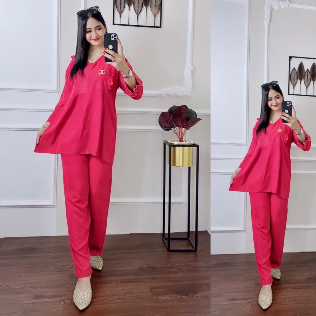 One Set Tunic Andin Ruflle || Resleting Depan Busui Frendy || Baju Wanita || Rayon Super-3