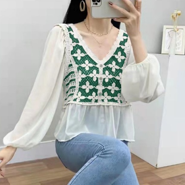 66110 Baju Blus kemeja lengan balon puff Vi neck leher Vi motif depan style cewek Korea Kekinian fas