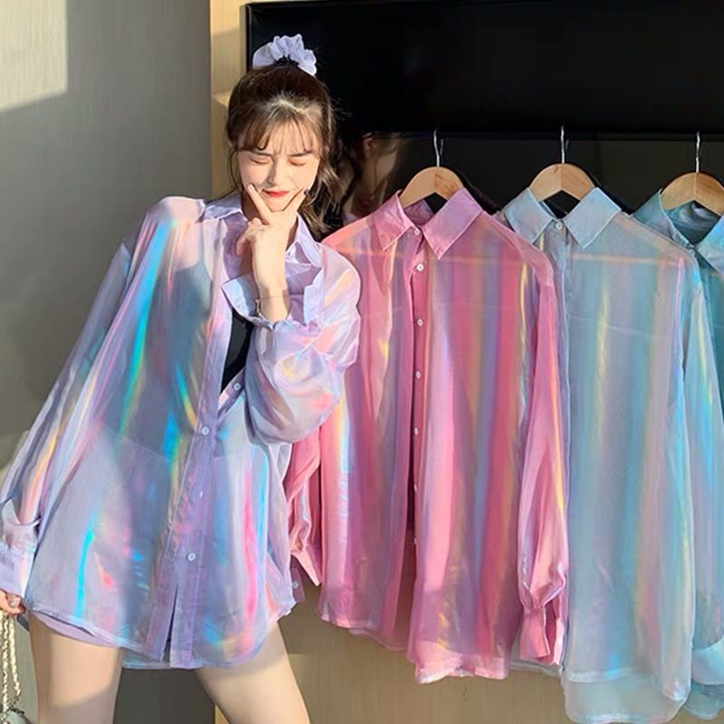 Atasan wanita kemeja lengan panjang longgar warna rainbow ungu pink versi Korea