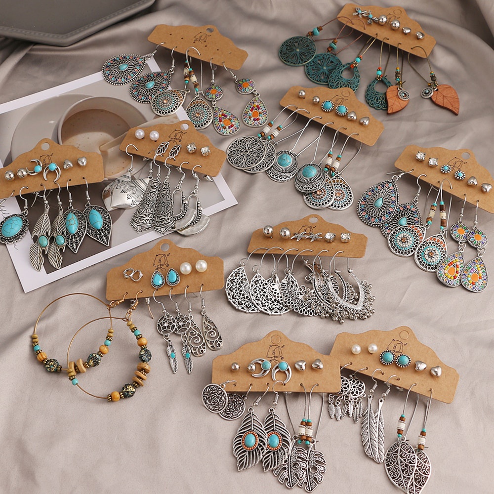 12pcs Set  Bohemian Earrings Set Ethnic Ladies Feather Sun and Moon Pendant Earrings Statement Women's Fashion Jewelry