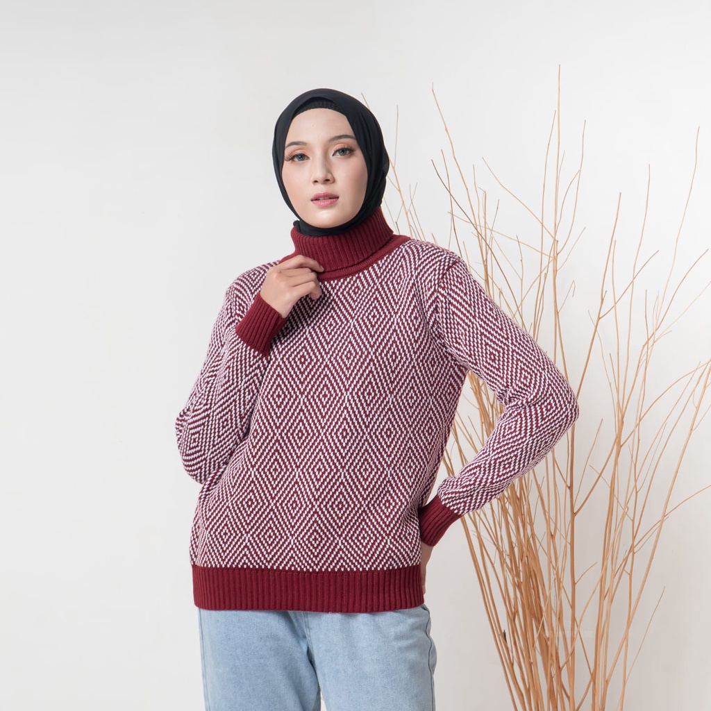 Turtleneck Sweater Diamond Pattern Sweater Leher Tiinggi musim Dingin