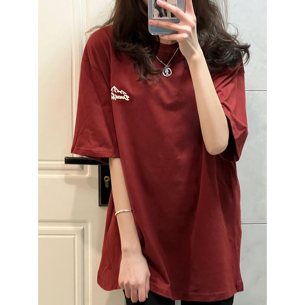 【 Penawaran Istimewa 】Kaos Atasan Wanita Wine Red Premium / Import Fashion T-shirt Tee / Kerah Bulat Baru Original Baju Atasan Wanita