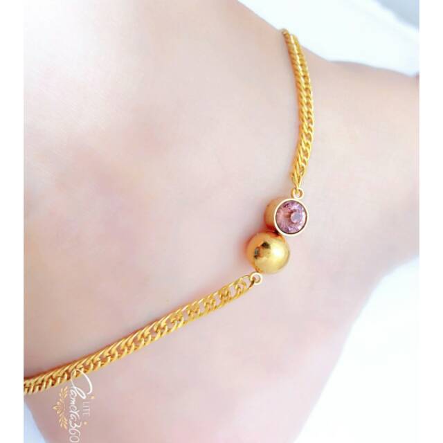 Gelang kaki gold titanium mata ungu muda 25cm