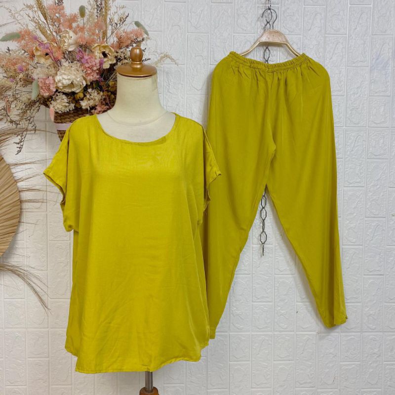 BAJU TIDUR POLOS PIYAMA POLOS CELANA PANJANG LENGAN PENDEK BAHAN RAYON babbydoll-POLOS LEMON