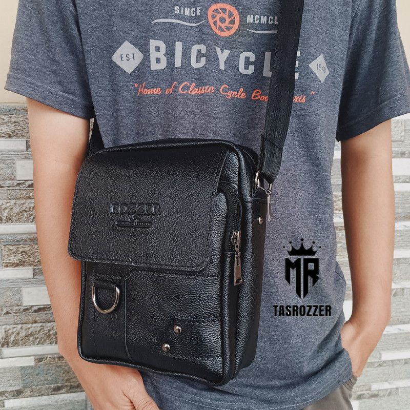 Tas selempang kulit asli Garut merk ROZZER model ring sisi