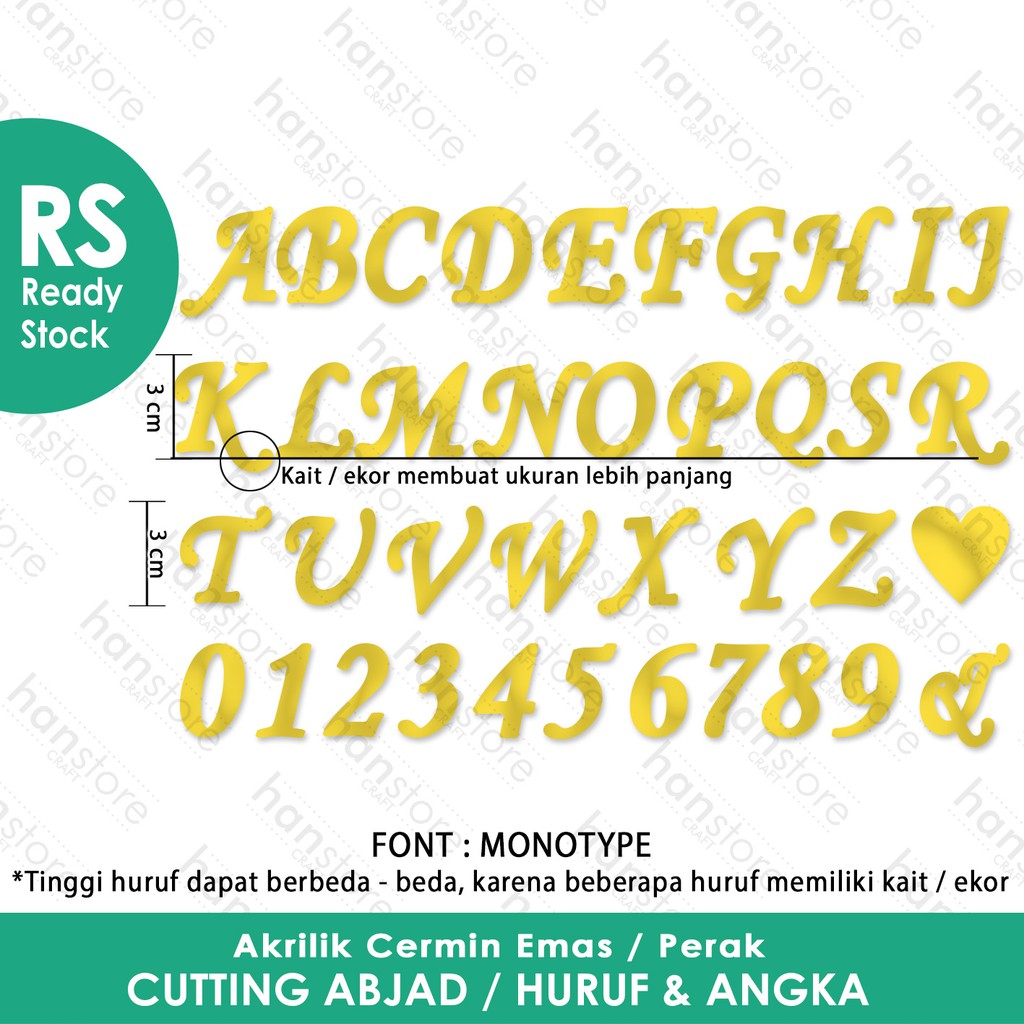 RS T. 1,5 cm BIJIAN Abjad / Huruf / Inisial ( A - Z &amp;  / semua tanda baca ) Akrilik Cermin Emas / Perak / Mahar
