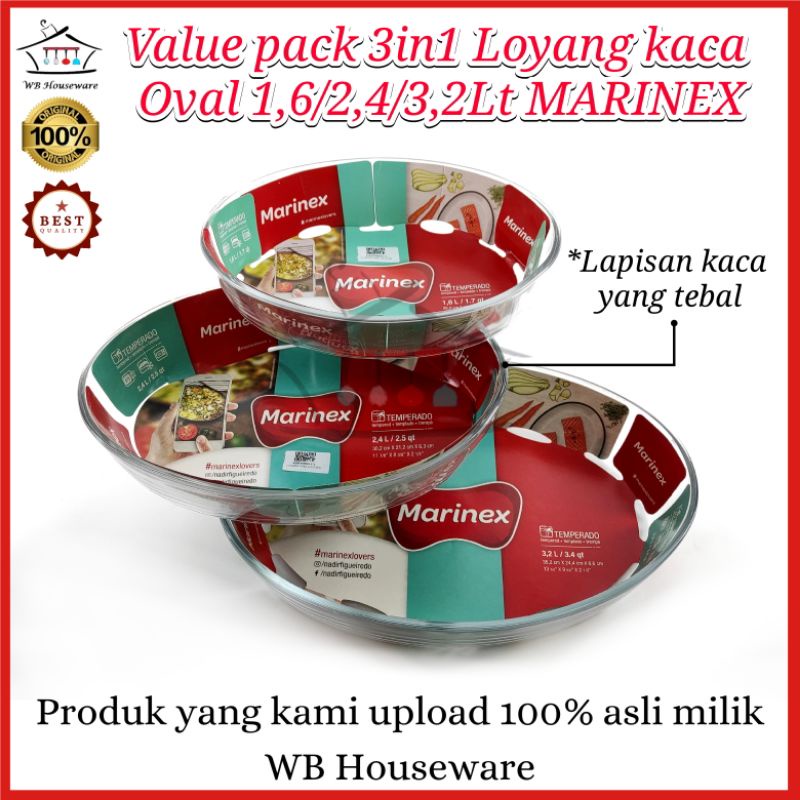 loyang kaca oval marinex 3in1 1,6/2,4/3,2Lt / wadah saji / value pack prasmanan