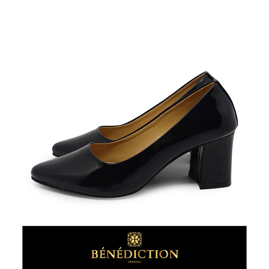 Sepatu kerja wanita casual heels pantofel hak tahu 7cm Benediction TJ 008 blackGlossy