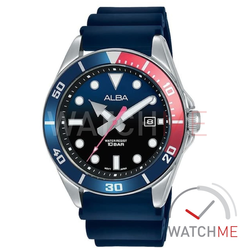 Jam Tangan Pria Alba Analog AG8K21X1 Blue Dial Blue Red 100m Blue Rubber Strap Ori Garansi Murah