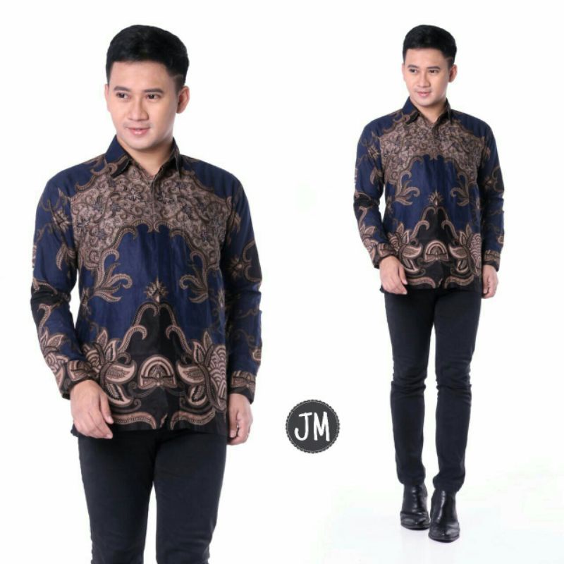 Batik Pria Lengan Panjang BATIK AZMIL HRB026 motif KERATONAN Kode 002 size M L XL XXL Reguler-KMJ Walik Navy