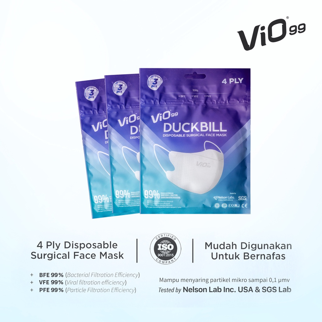 Vio 99 - Duckbill '3S Mask 4Ply Earloop White colours masker medis isi 3pcs filtrasi 99%