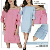dress linen cotton pink & blue cold shoulder s.oliver