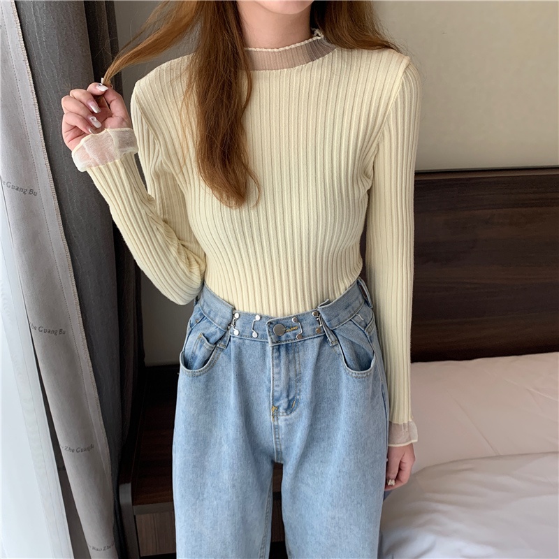 [4 Warna] Atasan T-Shirt Rajut Lengan Panjang Gaya Korea Fashion Stitching untuk Wanita
