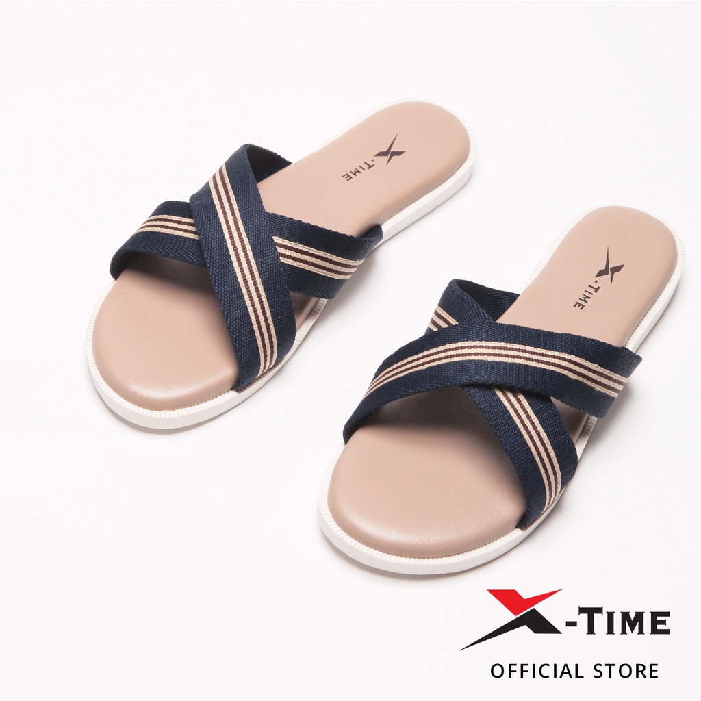 X-Time Sandal Wanita Casual Sendal Flip Wanita Kulit Lilac Silang-Navy