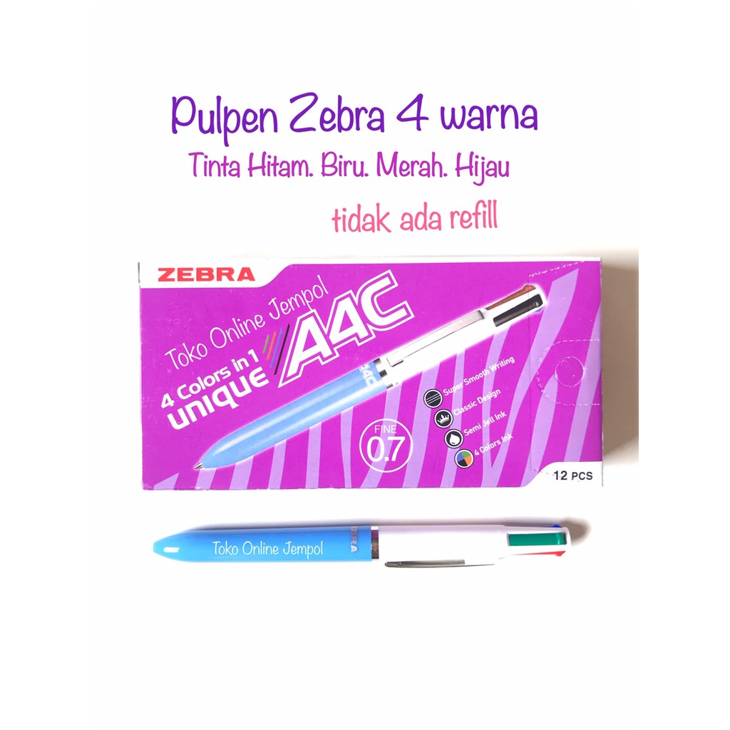 

Pulpen 4 warna Zebra Unique A4C Pen 0.7 mm 4 warna Black Blue Red Green ballpoin ball point ballpoint hitam biru merah hijau ATK0817ZB