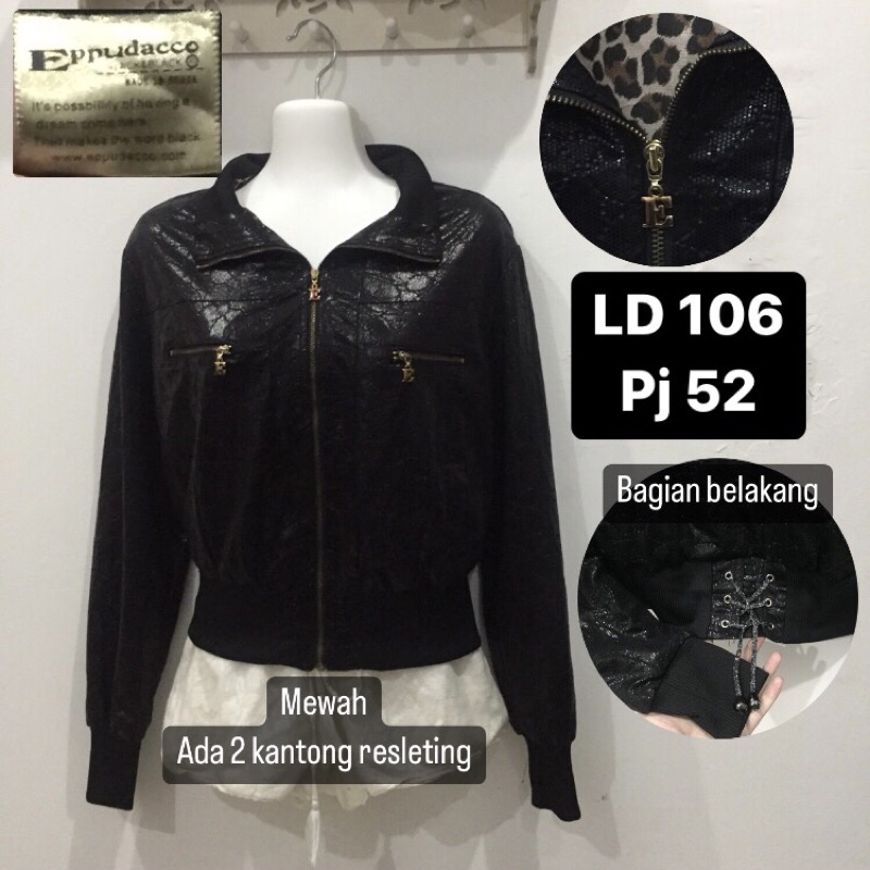 Jaket crop bomber gothic motif macan ppudacco preloved