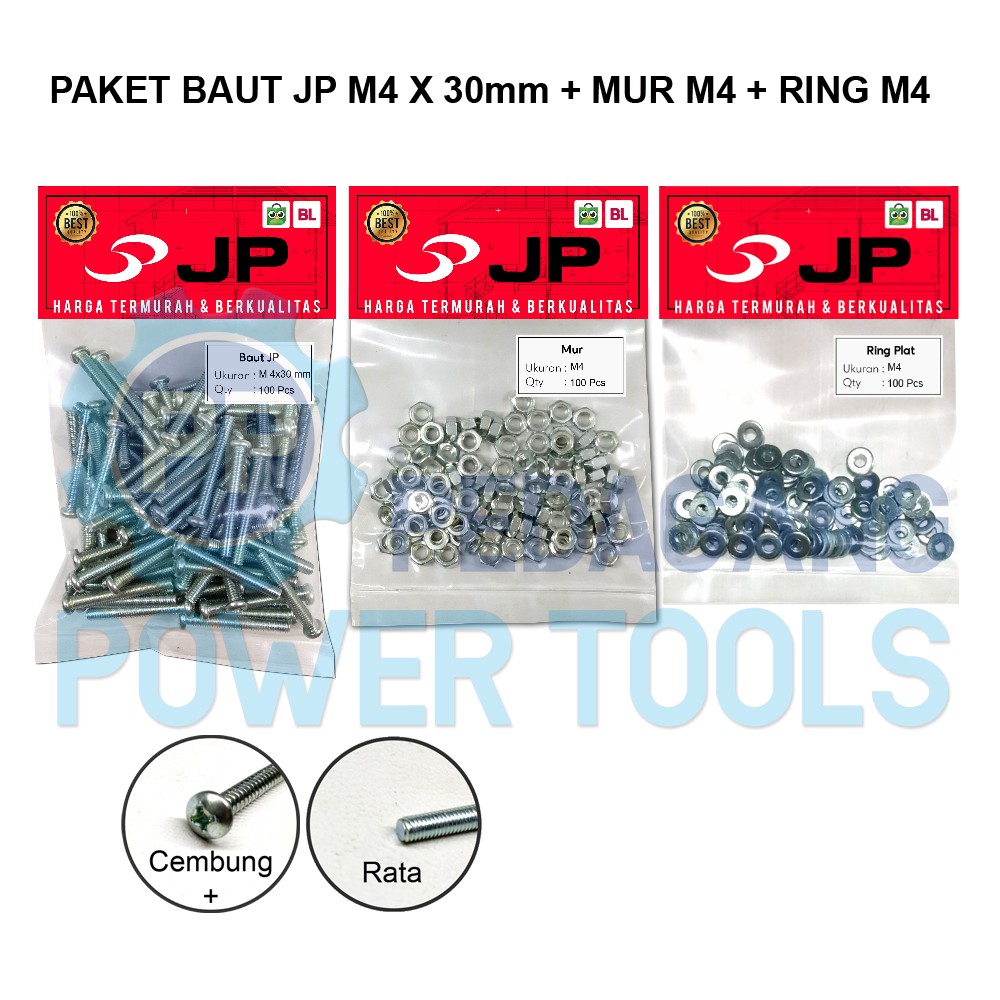 PAKET 3 SET JP M 4x30 BAUT MUR RING PLAT M 4 x 30 MUR M4 ISI 100 PCS