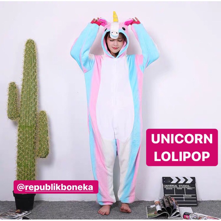 BAJU ONESIE BONEKA UNICORN LOLIPOP KOSTUM PIYAMA BAJU TIDUR ANAK DAN DEWASA