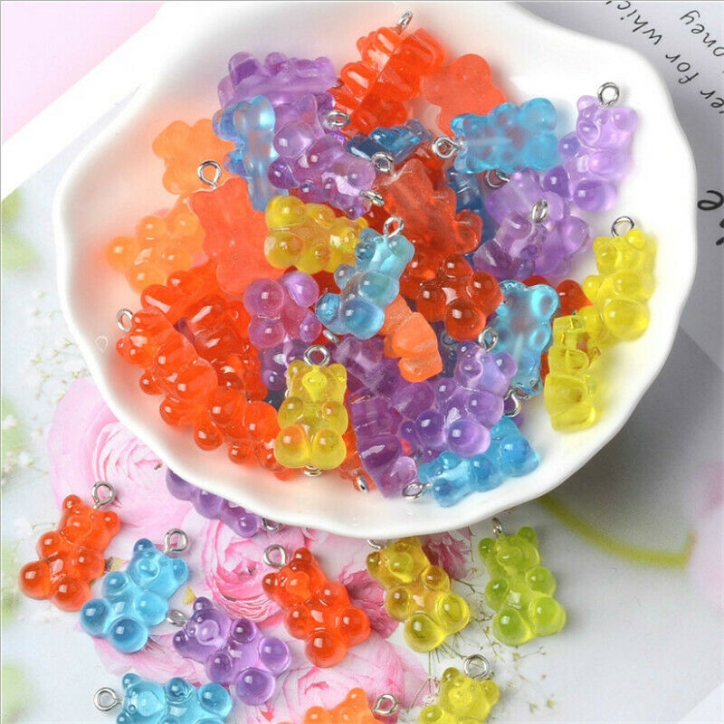 50 Pcs Liontin Kalung Anting Bentuk Kartun Hewan Beruang Mini Warna Permen Bahan Resin