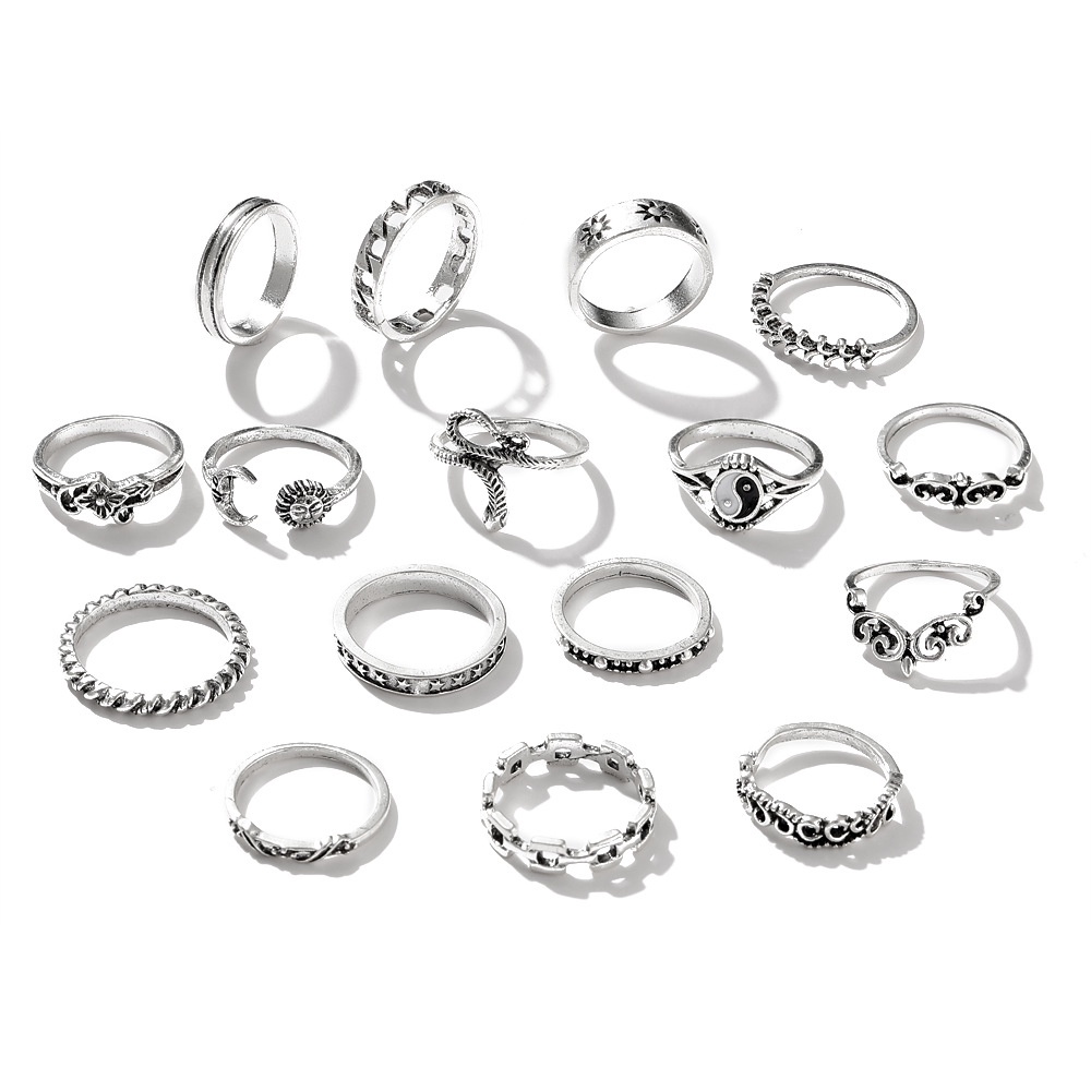 15 pcs Cincin Tren Kepribadian Hollow Joint Ring Sun Snake Chain Ring Set