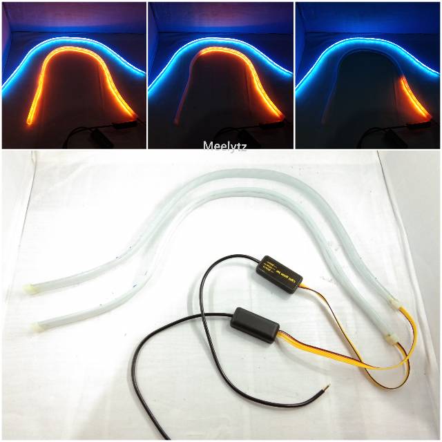 Sepasang LED slim alis DRL fleksibel waterproof 60cm 2 warna running 60cm headlamp motor dan mobil