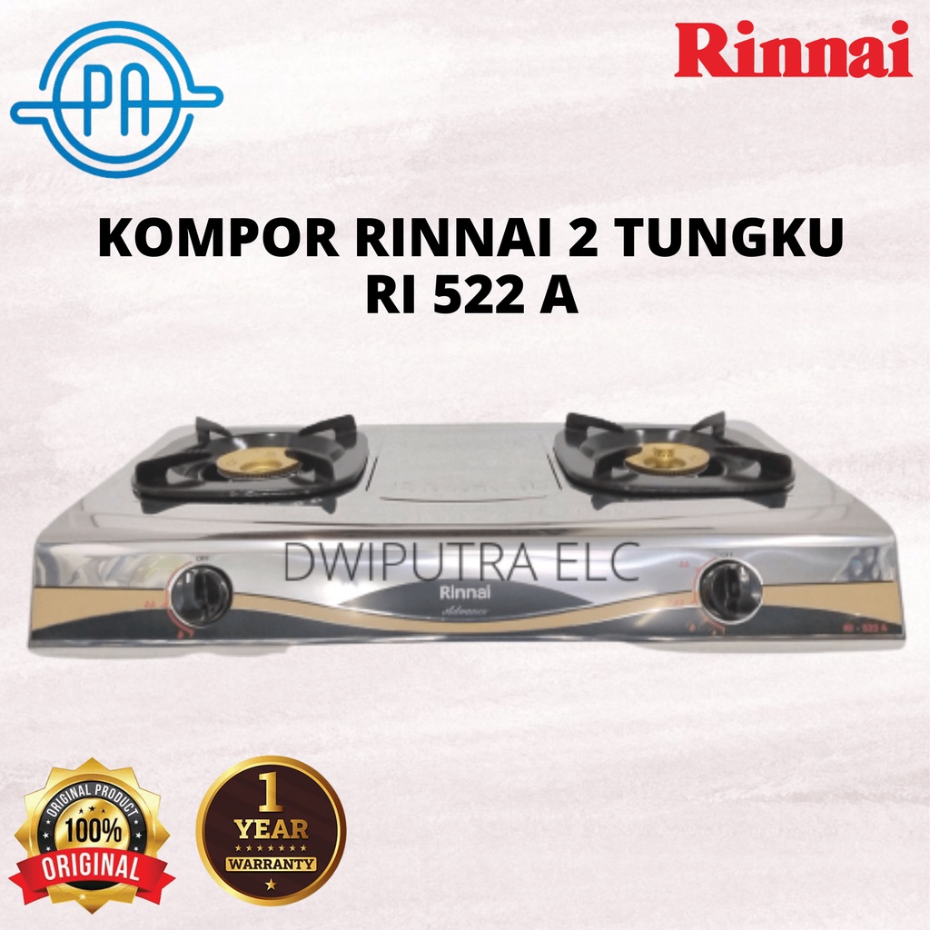 KOMPOR GAS RINNAI 2 TUNGKU RI522A RI 522 A STAINLESS STELL API LILIN