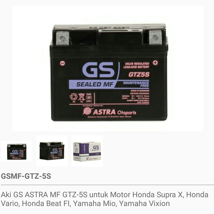 Aki accu GS ASTRA MF GTZ 5S kering beat Fi mio karisma 3,5 ampere