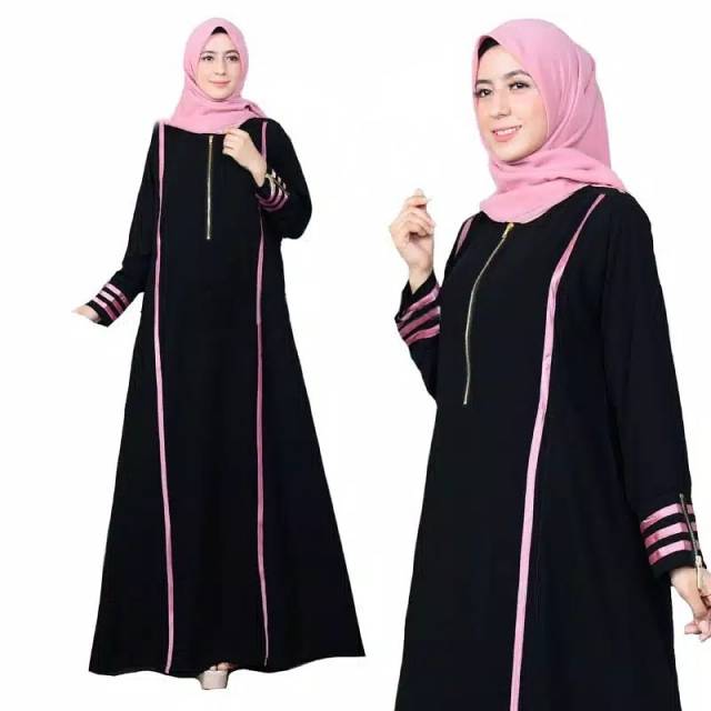 Abaya Gamis Maxi Dress Arab Saudi Pita pink &amp; gold Turki Umroh Dubai India Jetblack Hitam Syari