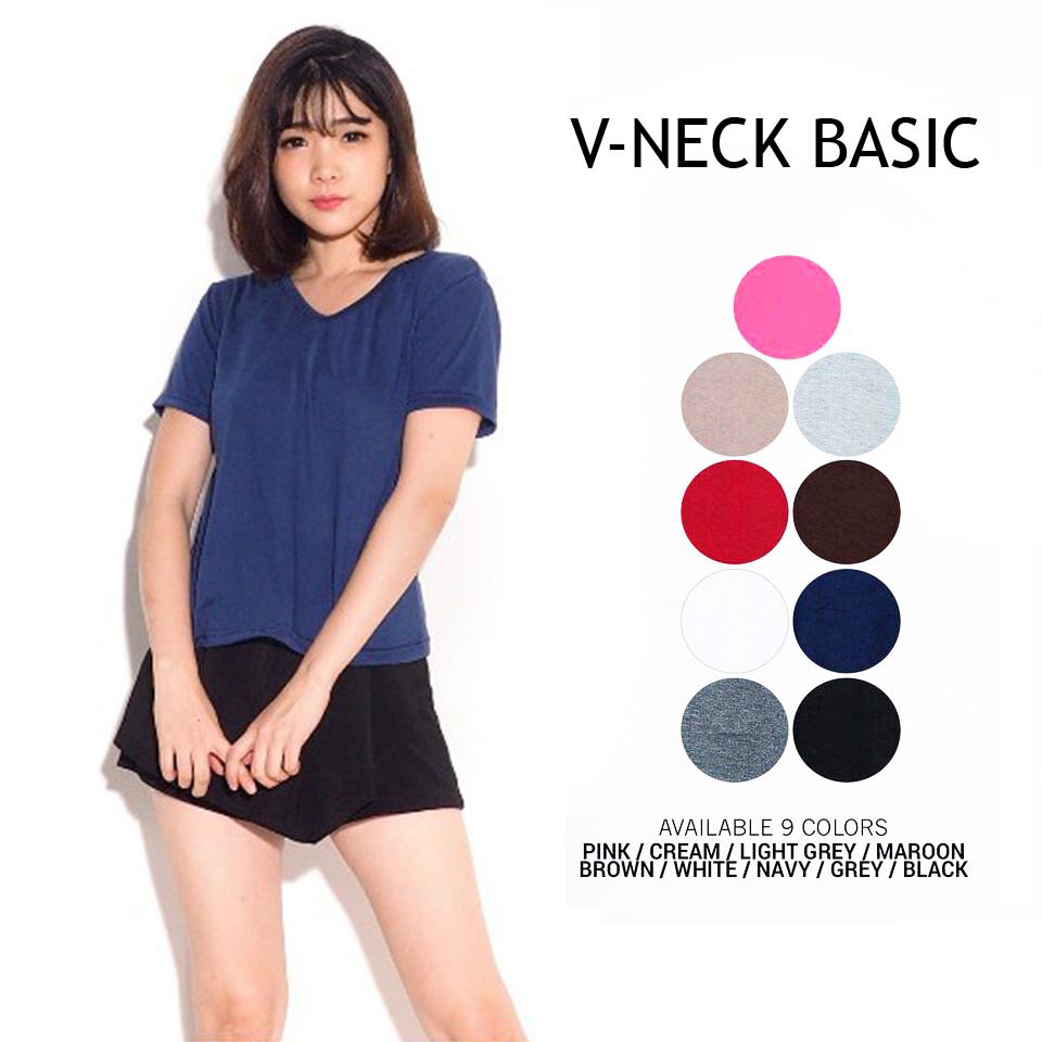 Bess - Kaos Basic V-neck Polos Wanita/ Kaos Lengan Pendek Leher V