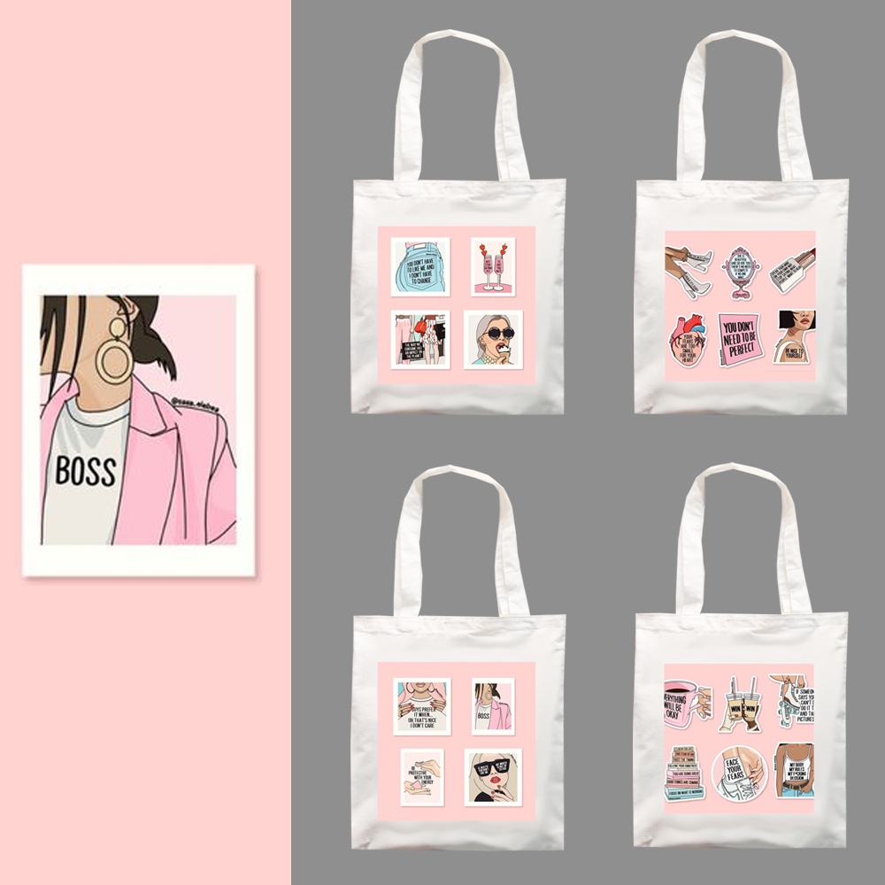 Totebag Resleting Kanvas Retro Girl