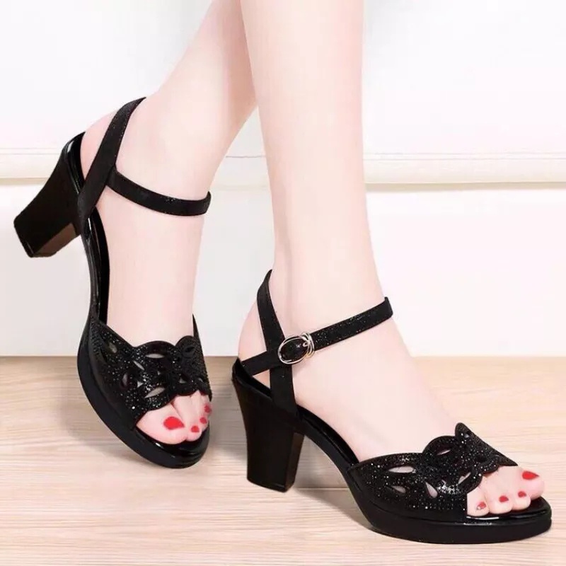 sandal heels wanita gliter bunga