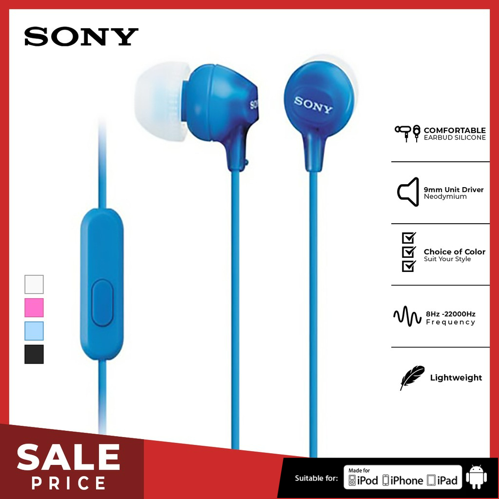 Earphone Sony MDR-EX15AP Handsfree In-ear With Microphone - Blue SONY Earphone Headset Headphone Original