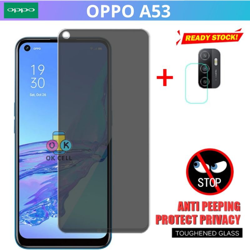 2IN1 - Tempered Glass Anti Spy Oppo A53 TG Anti Gores Layar Camera Privacy Screen Protector Premium