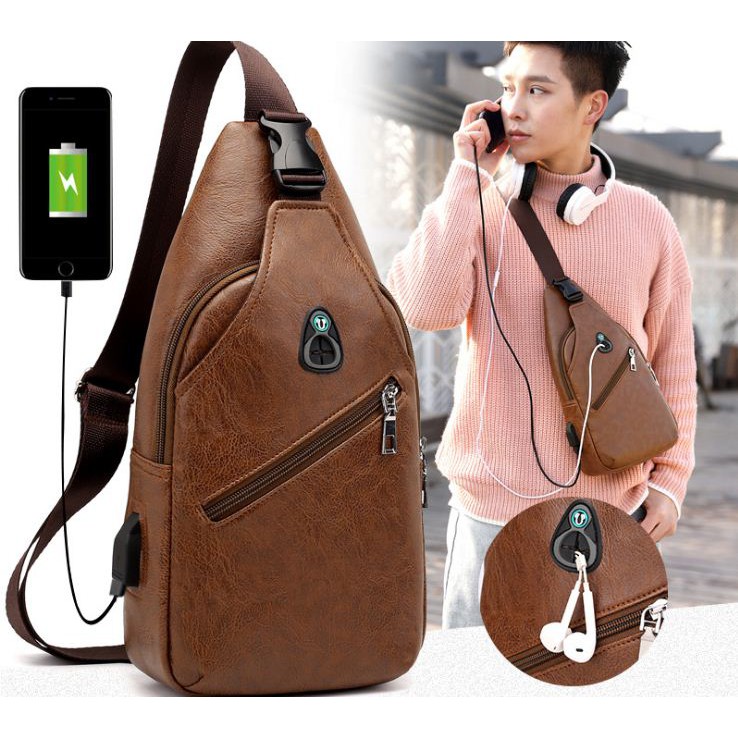 Tas Selempang Kulit Pria Import USB Port Slempang Chest Bag Sling bag