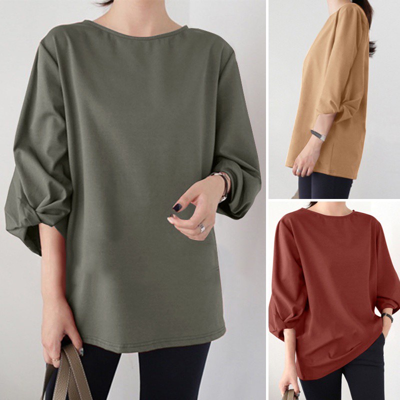 ZANZEA Women Casual Fashion Solid Color 3/4 Sleeve O Neck Baggy Blouse