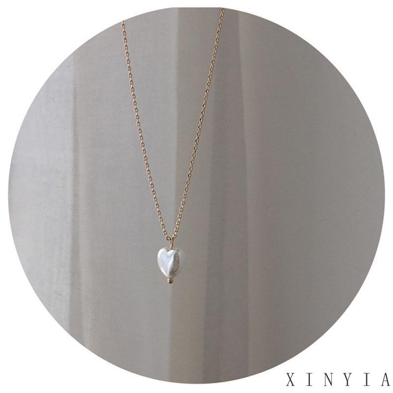 Xia.id Kalung Rantai Clavicle Desain Hati Hias Mutiara Aksesoris Wanita