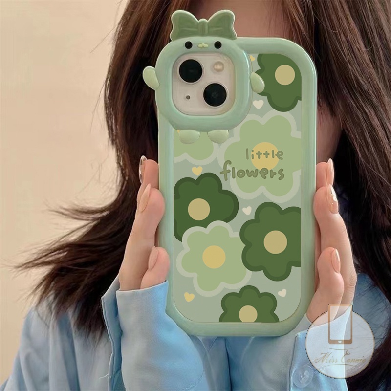 Redmi 9T 9T 9a1 A1+ 10 9A 9C 10C 10A 9C NFC 3D Bow Little Monster Lens Case Redmi Note8 9 10 Pro 11s 11Pro+bunga Hijau Shockproof Glossy Anti Pecah Lembut TPU Cover Belakang Case