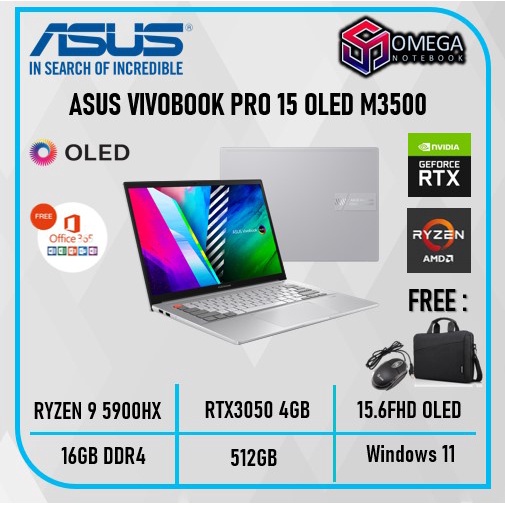 ASUS VIVOBOOK PRO 15 OLED M3500QC - RYZEN 9 5900HX 16GB DDR4 512GB SSD - NVIDIA RTX3050 4GB - 15.6FHD OLED - WINDOWS 11 - M3500QC